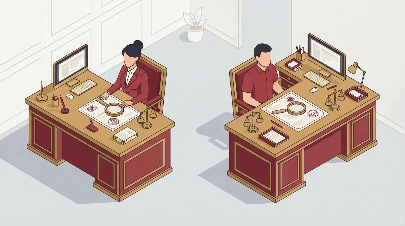 Isometric illustration of two regulatory desks, each reviewing a stamped license document